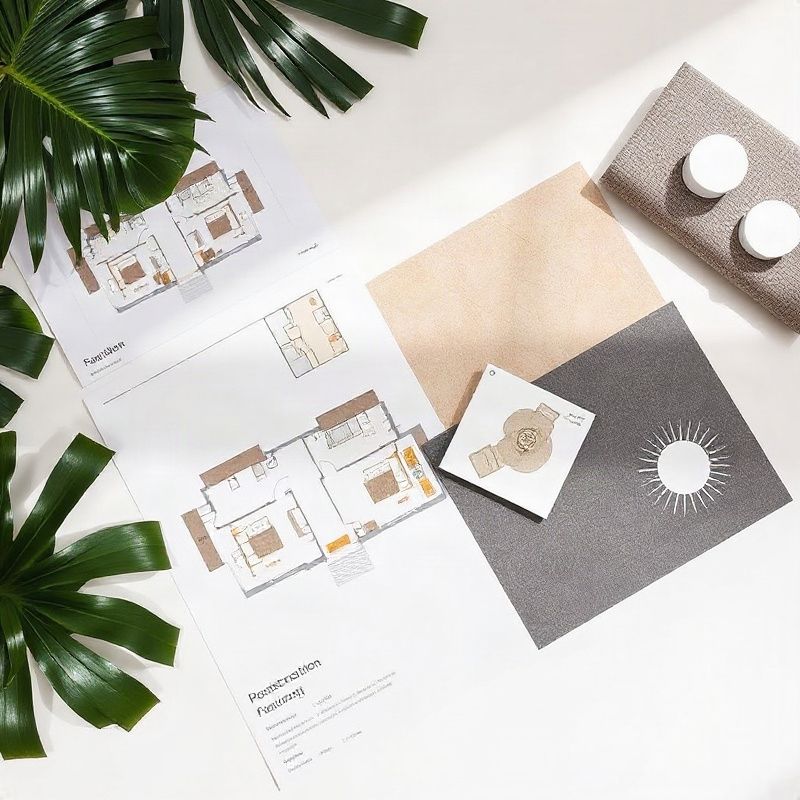 Residential floor plans and material samples on a neutral desk