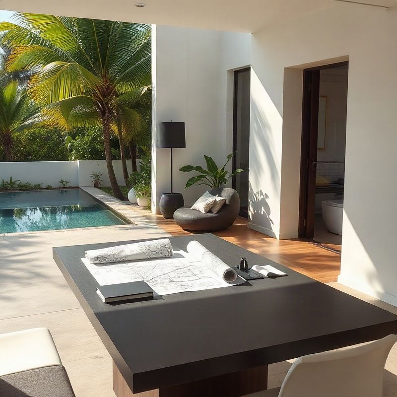 Quiet property consultation table with plans and slate stationery